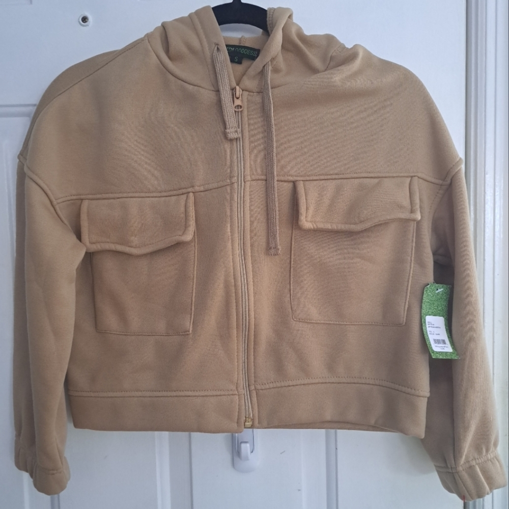 Green Goddess khaki zip front hoodie sz small